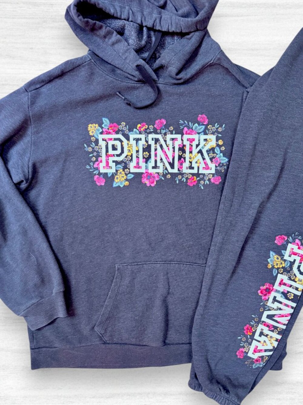 Victoria’s Secret PINK Floral Logo Hoodie Jogger 2 Piece Sweatsuit Set Gray M/L - Picture 4 of 6